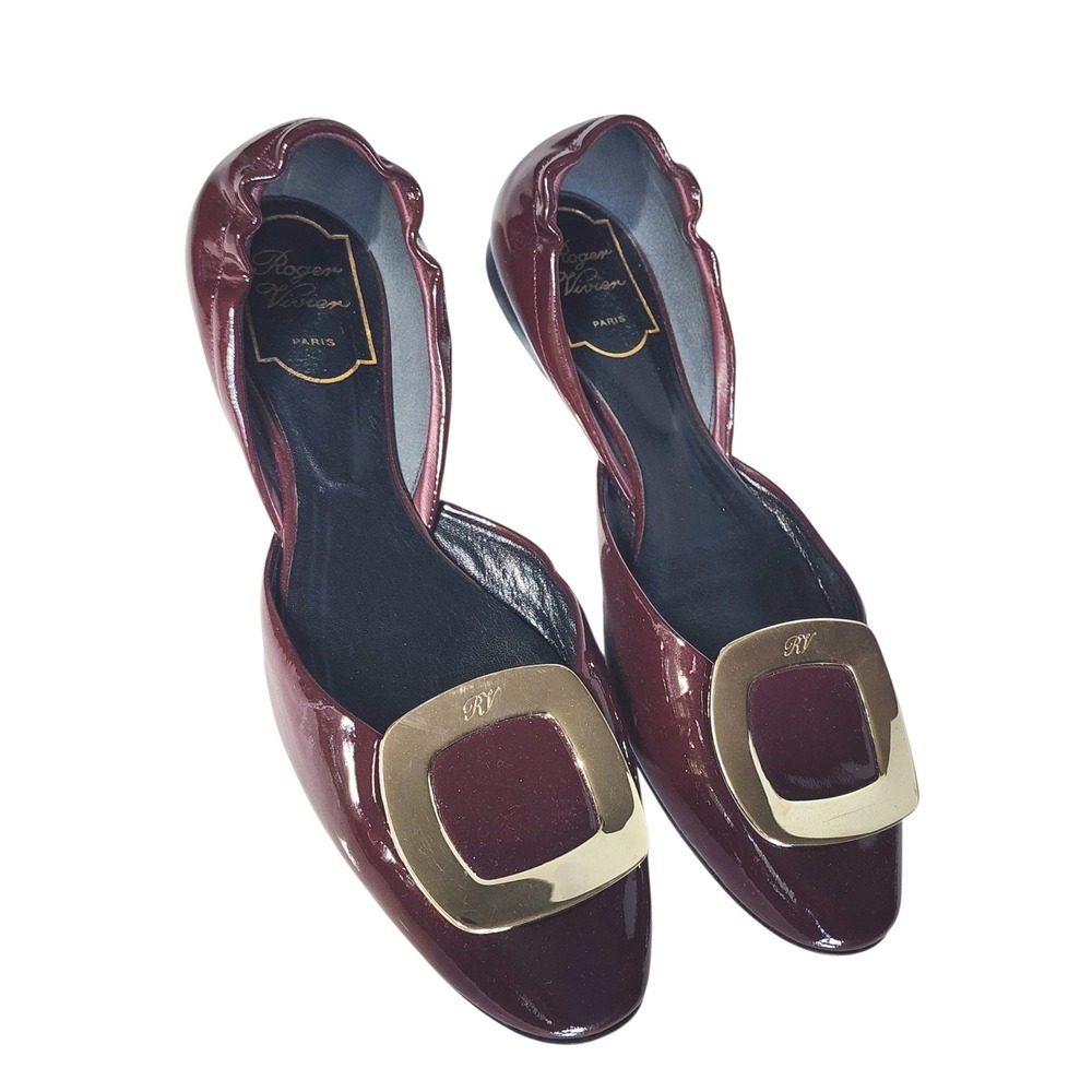 Roger Vivier Ballerine Chips Burgundy Patent Leather D'Orsay Buckle Flats 37